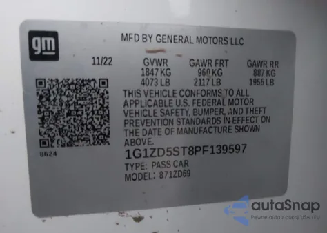 2023 Chevrolet Malibu Fwd 1Lt из США, поврежденный, VIN 1G1ZD5ST8PF139597